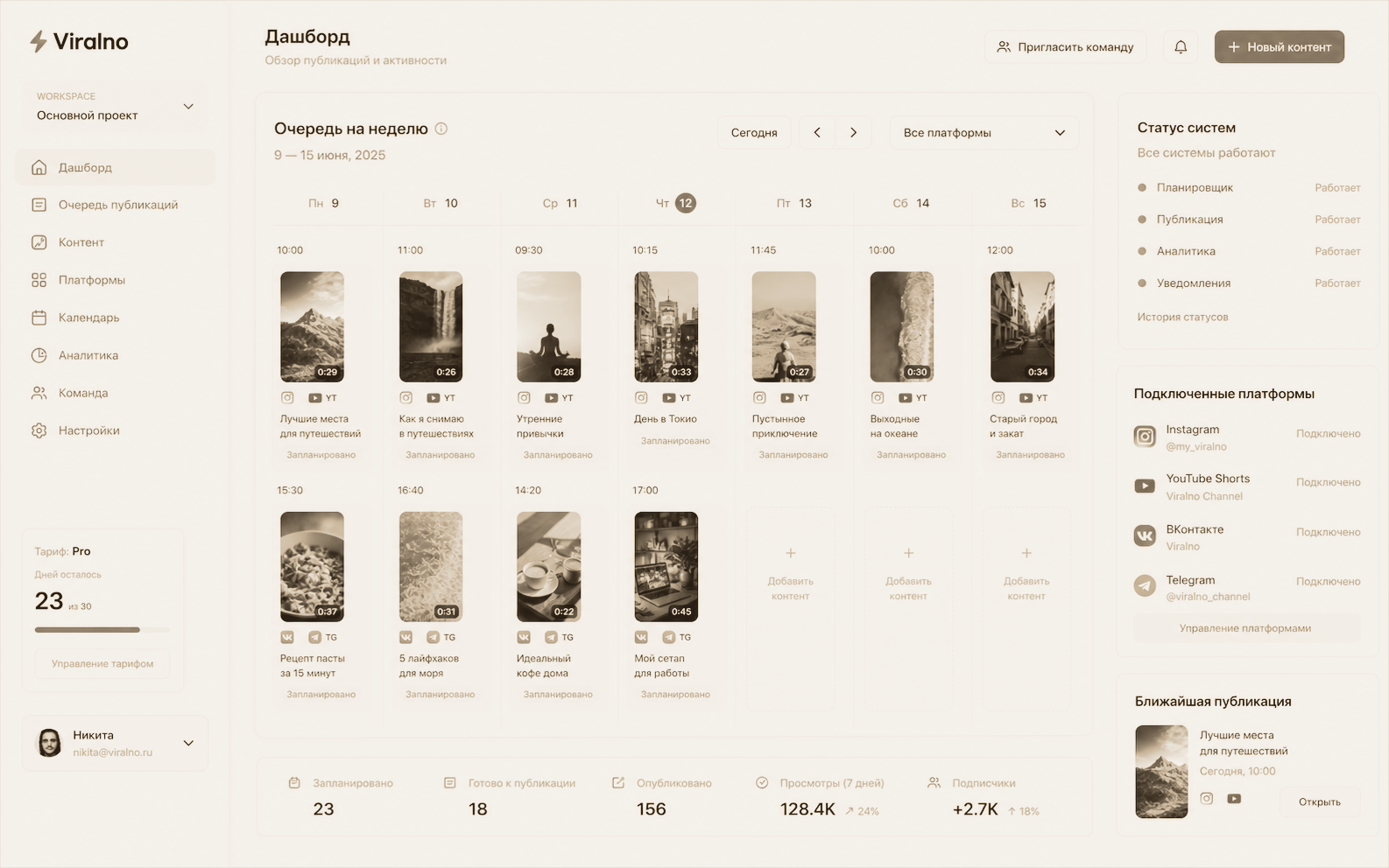 Viralno interface with publishing queue, schedule and connected short-form platforms